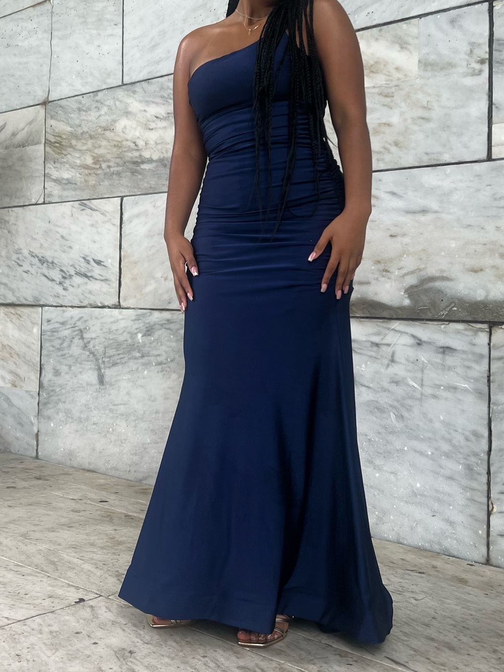 B Darlin One-Shoulder Navy Blue Prom Dress